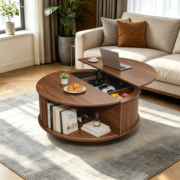 Lift Top Round Coffee Table with Hidden Storage Compartment, Fluted Center Table with Sliding Cabinet Doors Mid Century Furniture for Living Room