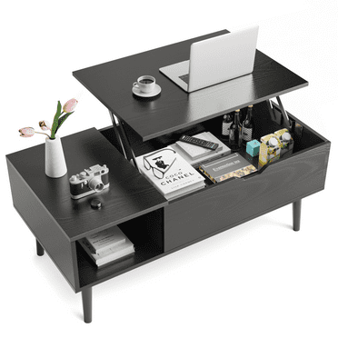 Lift Top Square Coffee Table for Living Room, Modern Wooden Center Table with Storage Shelf and  Hidden Compartment (Black)