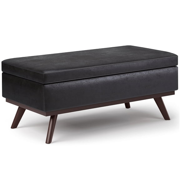 Lift Top Storage Ottoman Coffee Table, Large Faux Leather Ottoman with Storage, Black Distressed Finish