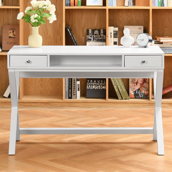 Lift-Top Writing Desk with Drawers, 44.1" Home Office Computer Desk, Study Table Workstation, Stable Standing Desk Writing Table for Small Space - White