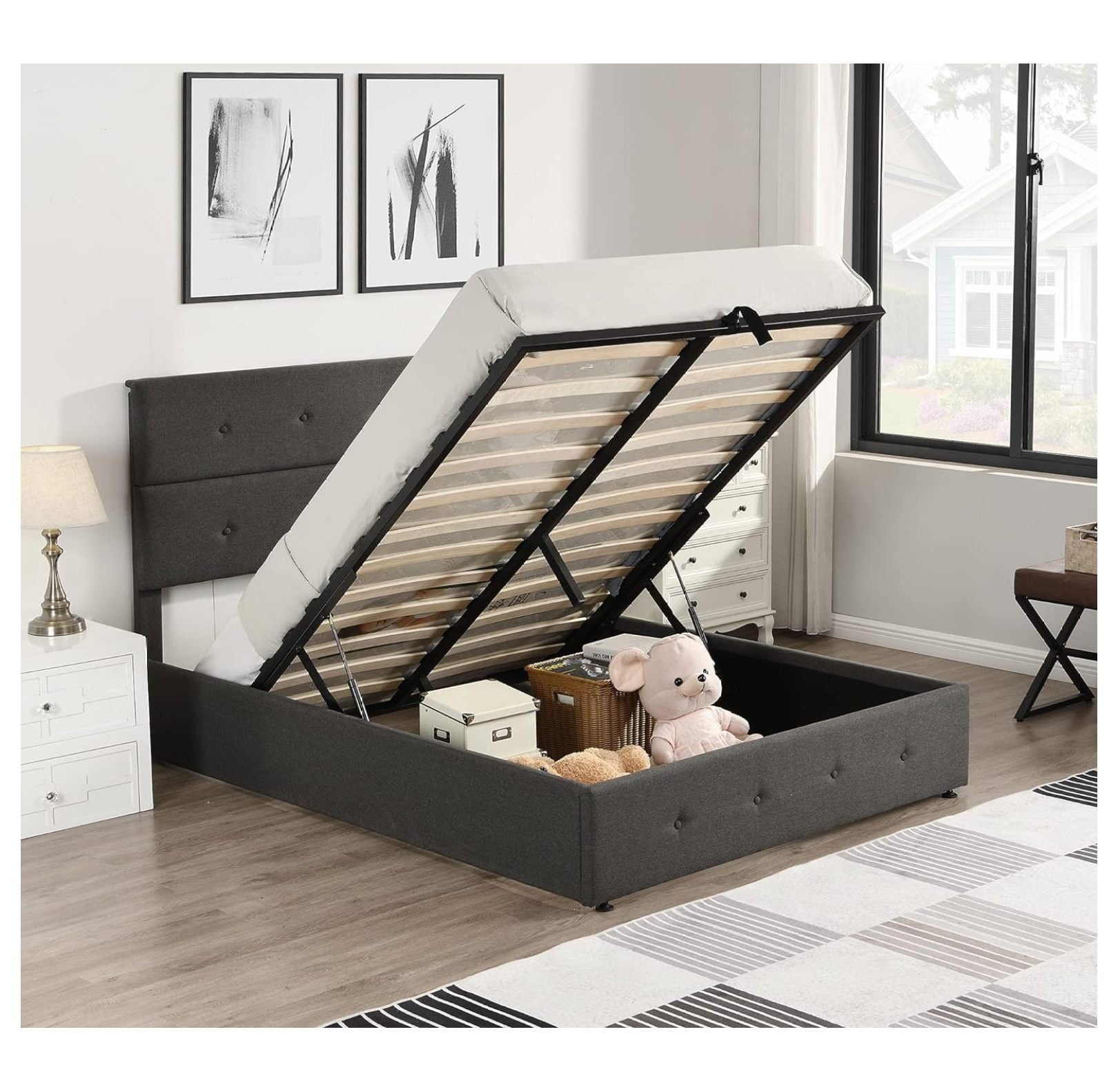 Lift Up Bed with Storage, Platform Bed Frame Full Size with Headboard