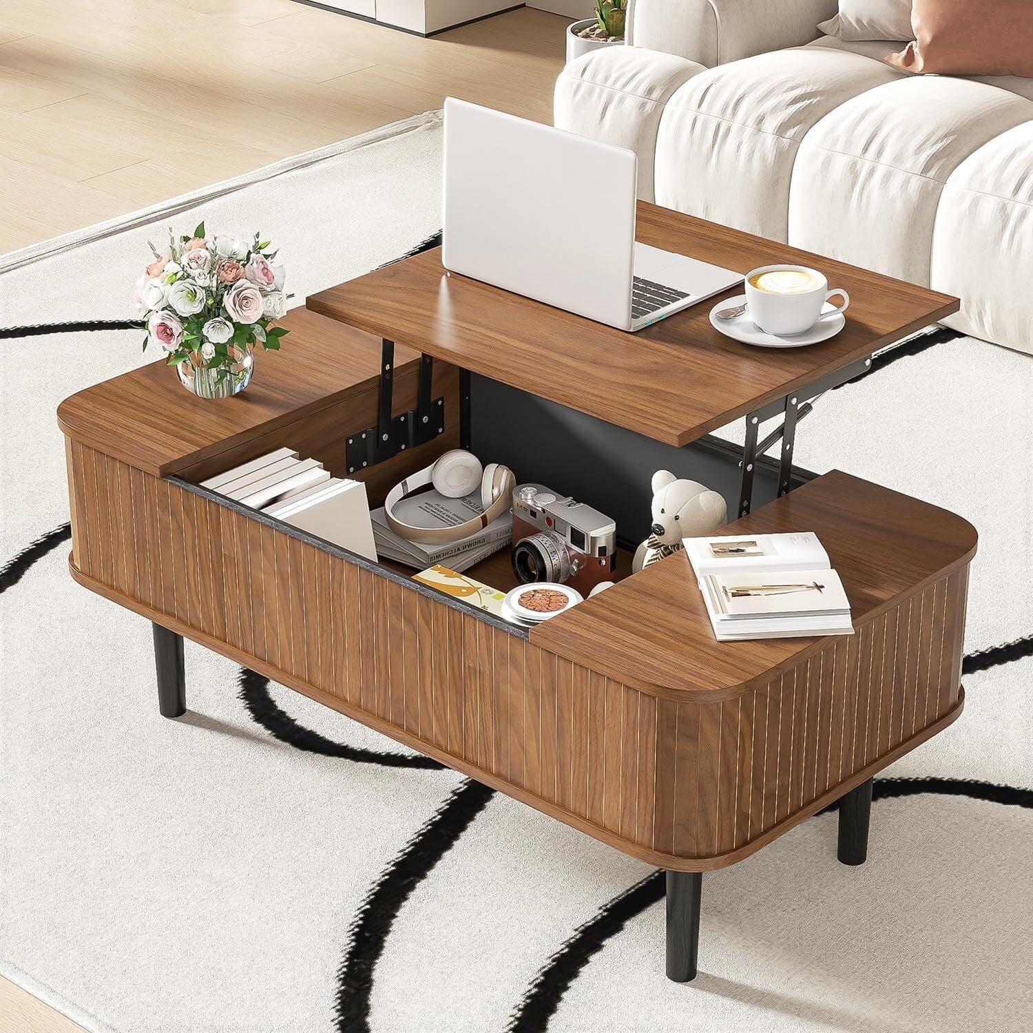Fsbecl Mid-Century Modern Wood Coffee Table with Storage, Rectangle, Brown