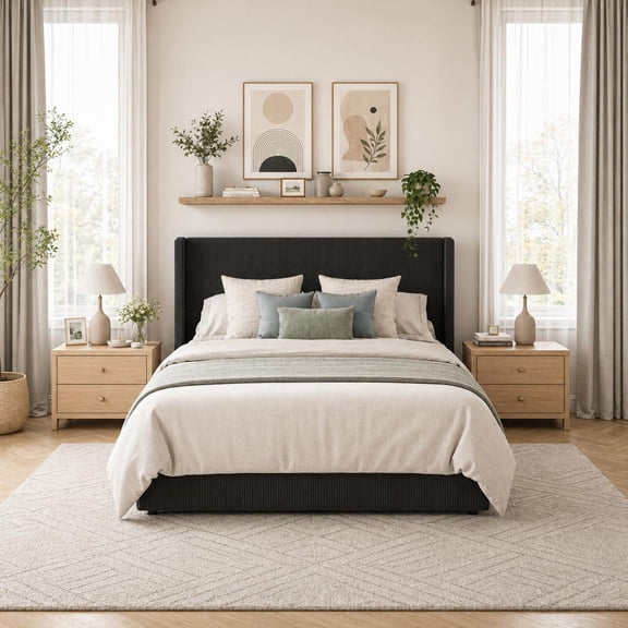 Lift Up Storage Bed Frame – Corduroy Upholstered Platform Bed with Gas Lift, Padded Headboard, Wooden Slats, No Box Spring Needed – Easy Assembly