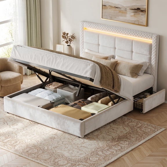 Lift Up Storage Bed Frame Queen Size with 2 Drawers Platform Bed Frame with Upholstered Tufted Headboard & LED Light,Biege