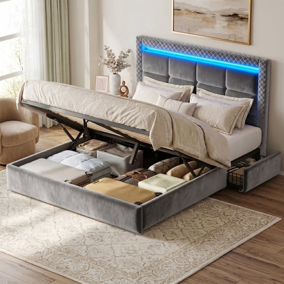 Lift Up Storage Bed Frame Queen Size with 2 Drawers Platform Bed Frame with Upholstered Tufted Headboard & LED Light,Grey