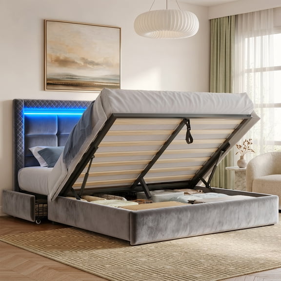 Lift Up Storage Bed Frame Queen Size with 2 Drawers Platform Bed Frame with Upholstered Tufted Headboard & LED Light,Grey