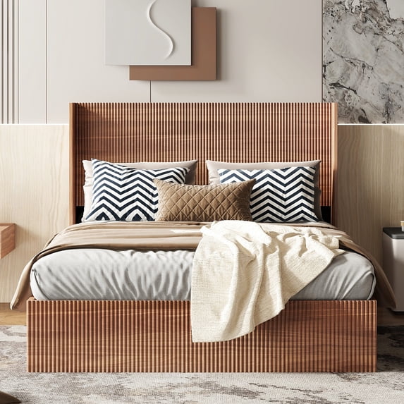 Lift-Up Storage Bed, Queen Size Platform Bed with Easy Hydraulic Mechanism, Grooved Headboard and Ample Under-Bed Space, Walnut