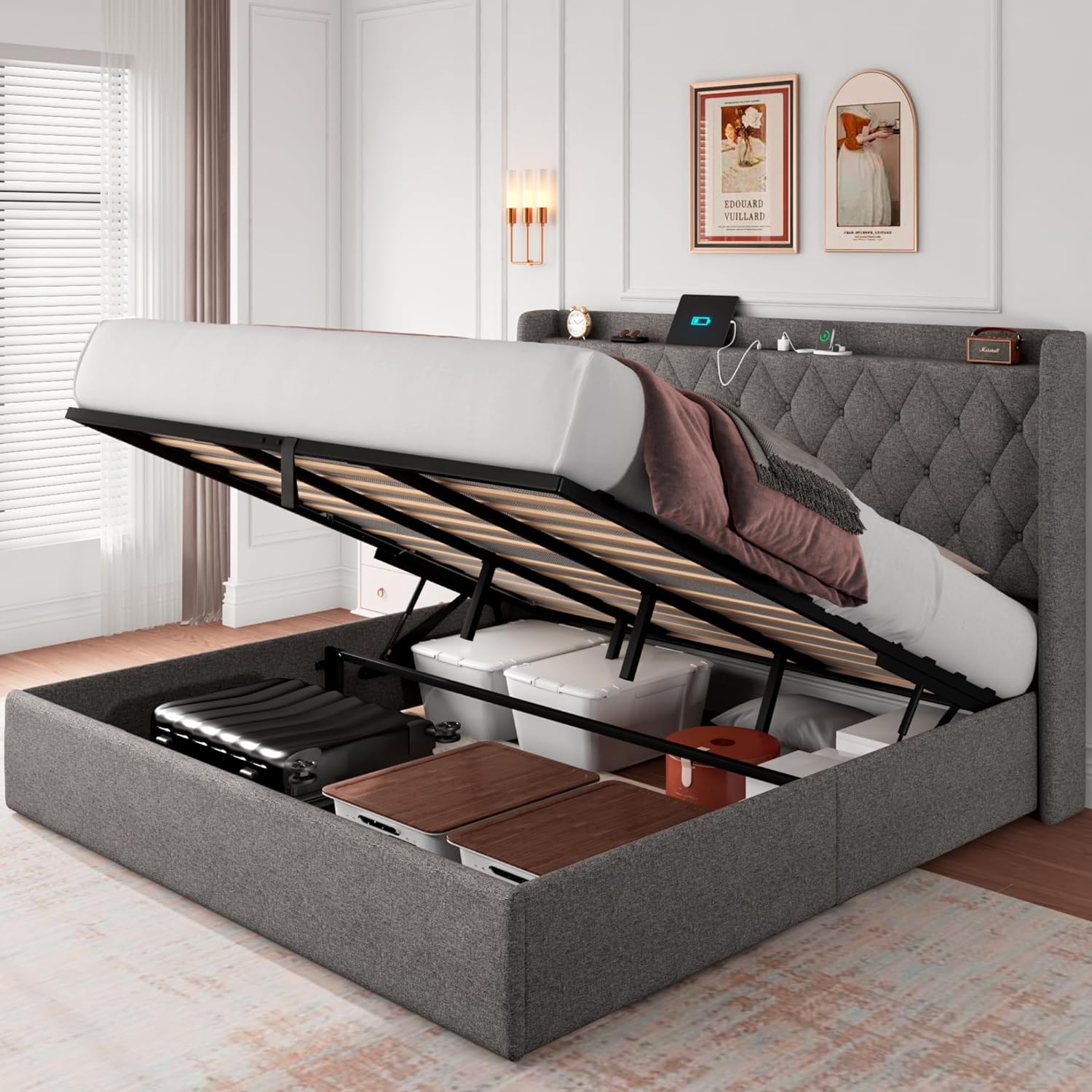 Lift Up Storage King Size Bed Frame with Charging Station, Upholstered