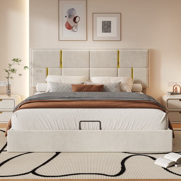 Lift Up Storage Queen Size Bed Frame Upholstered Platform Bed with Hydraulic Storage System,Solid Wooden Slats Support,Noise-Free,Easy Assembly,Beige