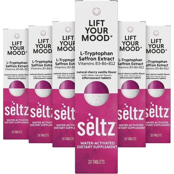 Seltz Lift Your Mood Effervescent Vitamins for Mood Support & Energy with L-Tryptophan, Saffron Extract & B Vitamins (B3, B6, B12) Cherry Vanilla Flavor, No Sugar Added, 20 Tablets (Pack of 6)