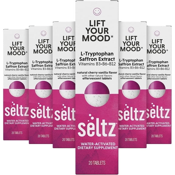 Seltz Lift Your Mood  Effervescent Vitamins for Mood Support & Energy with L-Tryptophan, Saffron Extract & B Vitamins (B3, B6, B12)  Cherry Vanilla Flavor, No Sugar Added, 20 Tablets (Pack of 6)