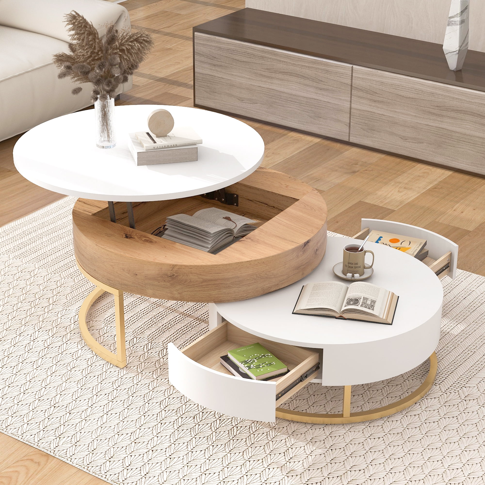 Churanty Gold Round Nesting Coffee Table Set of 2 Modern Lift Top Coffee Table with Storage Drawers for Small Spaces Natural Wood