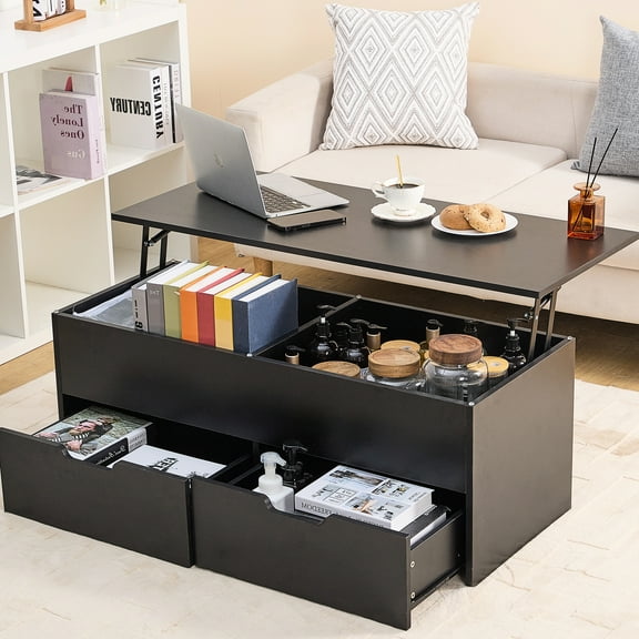 Lift-top Table For Living Room With Hidden Compartment & Storage: 2 Drawers, Adjustable Height, Black, And Particle Board Black Storage Coffee Table: Tabletop,