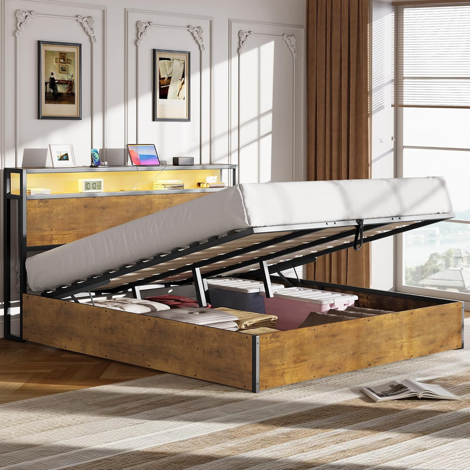 Lift-up Storage Bed Frame, King Size Bed Frame with Bookcase Headboard ...