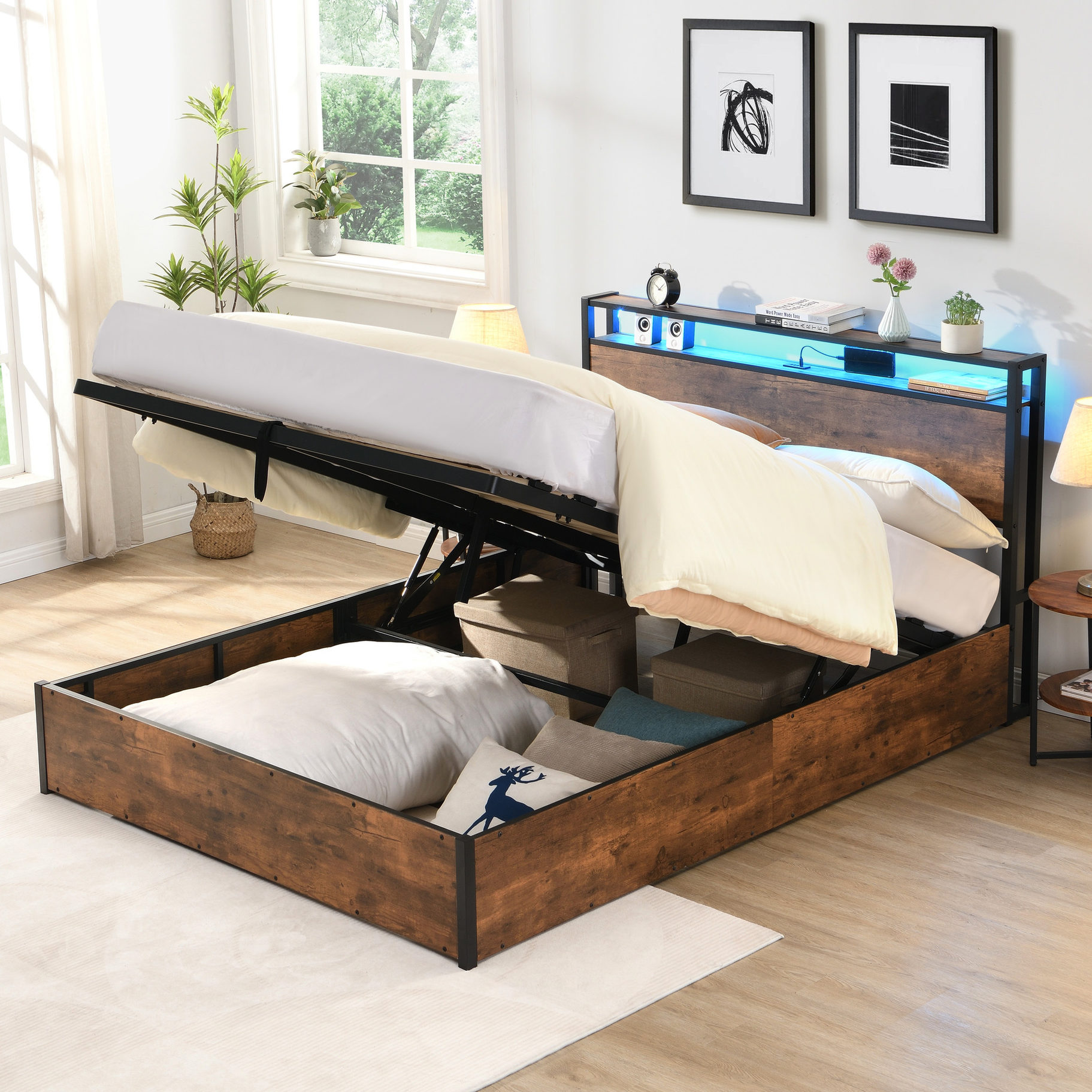 Lift-up Storage Bed for Bedroom | LED Lighting with App Control | Easy ...