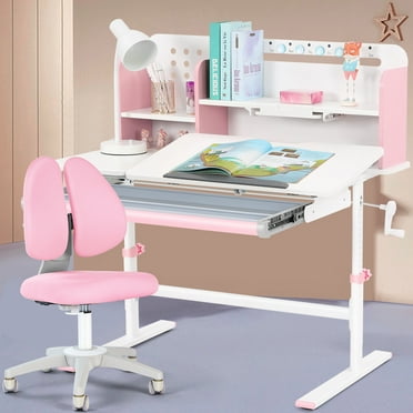 Liftable Height Adjustable Kids Study Desk & Chair Set Ergonomic Children Drafting Table Girl with Shelf,Drawer(Pink)