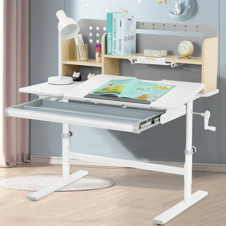 Liftable Height Adjustable Kids Study Desk Ergonomic Children Drafting Table Computer Station with Shelf Drawer Gray