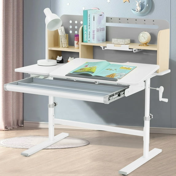 Liftable Height Adjustable Kids Study Desk Ergonomic Children Drafting Table Computer Station with Shelf,Drawer(Gray)