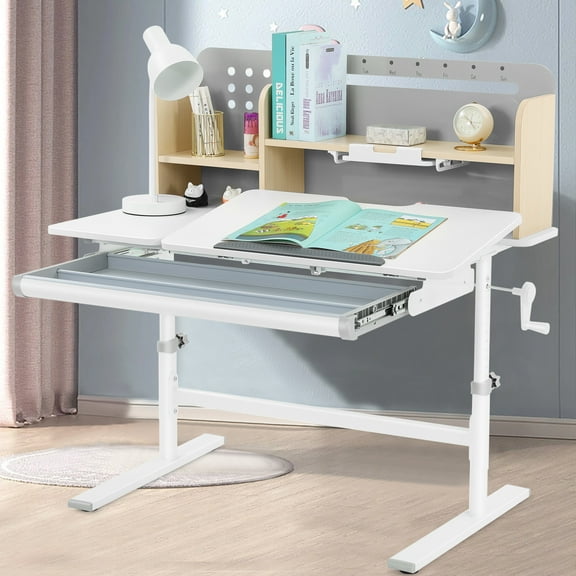 Liftable Height Adjustable Kids Study Desk Ergonomic Children Drafting Table Computer Station with Shelf,Drawer(Gray)