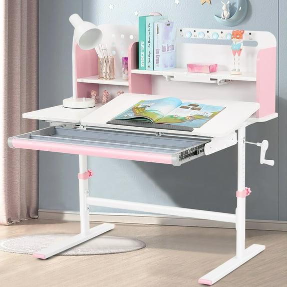 Liftable Height Adjustable Kids Study Desk Ergonomic Children Drafting Table Computer Station with Shelf,Drawer(Pink)