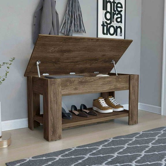 Liftable Top Storage Table, Dark Brown, Four Legs, Lower Shelf, Metal Hinges - Shoe Rack For Bedroom & Living Spaces Brown Table With Top, And Rooms