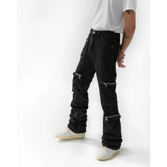 Lifted Anchors Men's Pinched Flared Leg Stacked Denim Jeans (44, Black Wash)