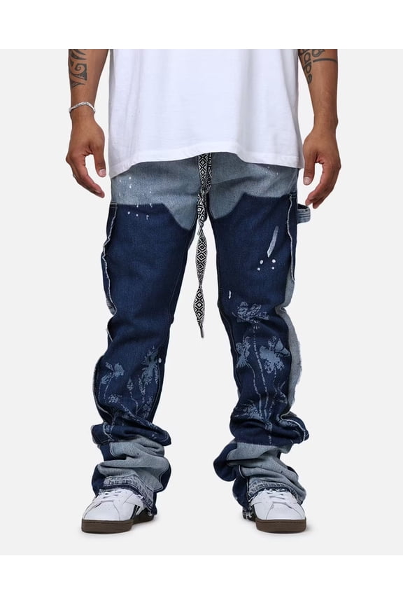 Men's Venus Floral Flared Leg Stacked Denim Jeans (40, Blue Wash)