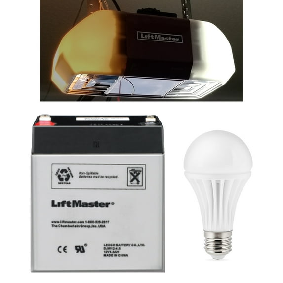 Liftmaster Chamberlain 485LM Replacement Battery OEM for Garage Door Opener with Extra Bright 12W 5000K Replacement LED Bulb Bundle