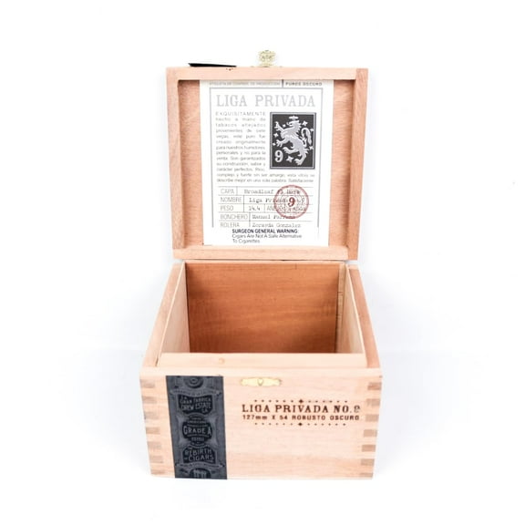 Liga Privada Robusto Oscuro No. 9 Empty Wood Cigar Box 6" x 6.25" x 4"