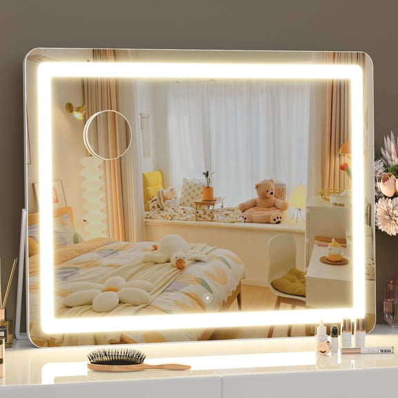Ligheted Vanity Mirror with Lights, 14" x 10" Mirror, 3 Modes Light, Touch Control Dimmable, 360?Rotation, Rectangle White Frame