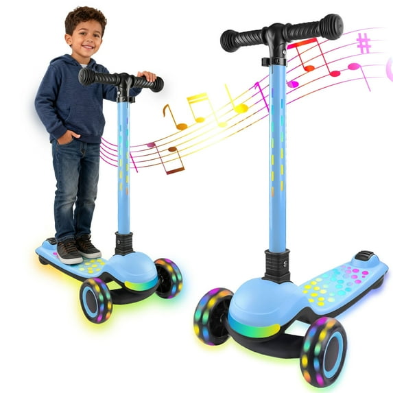 Light Up 3 Wheel Kick Scooter for Kids Toddlers Girls with LED Sync Lights Flashing Stem & Wide Polka Dot Deck Adjustable Height Music Function Safe Sturdy Folding (Light Blue)