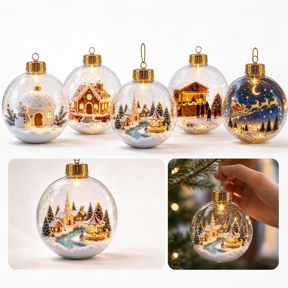 Light Up 3D Christmas Ornament Ball with Mini Holiday Village Scene, Glowing Winter Diorama Tree Hanging Decoration, Shatterproof LED Xmas Bauble for Window Mantel Party Decor Gift