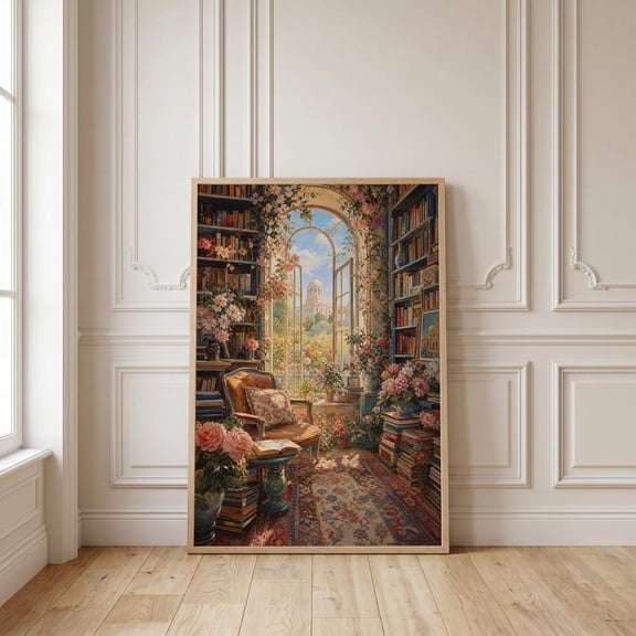 Light Academia Cozy Library Nook Vintage Floral Window Wall Art, Unframed Poster
