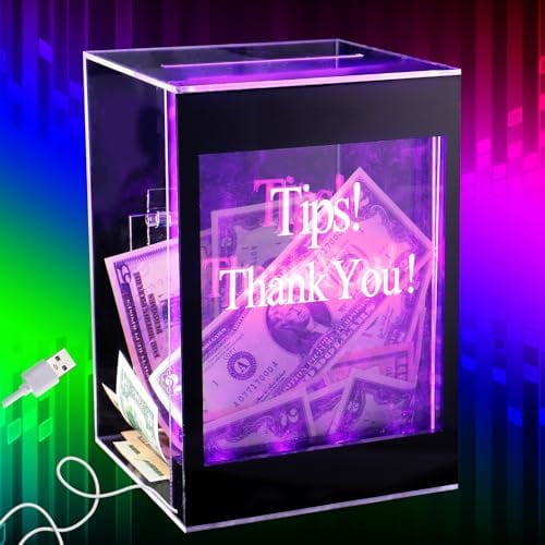 Light Up Acrylic Donation Ballot Box - 20 Colors Changing Tip Jar for Money with Re-mote, Lock, Key and Sign Holder- Raffle Suggestion Comment Vote Ticket Tip Box for Bartender Restaurant Band (USB)