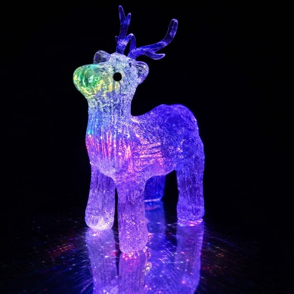 Light up Acrylic Reindeer Christmas Figurine, LED Clear Glitter Deer Statue with Red Bow, Mini Tabletop Winter Holiday Decor Ornament for Xmas Home Shelf Display Gift