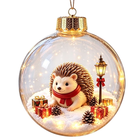 Light Up Animal Christmas Ball Ornament for Tree Decor, Glowing Christmas Balls Ornament with Mini Porcupine & LED Warm Lights, Clear Winter Scene Balls for Mantel Window, Holiday Keepsake