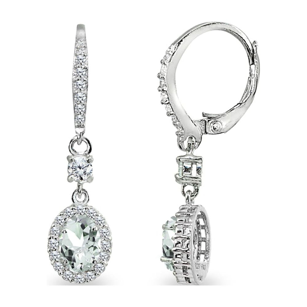 Light Aquamarine & CZ 7x5mm Oval Halo Dangle Earrings in 925 Sterling Silver