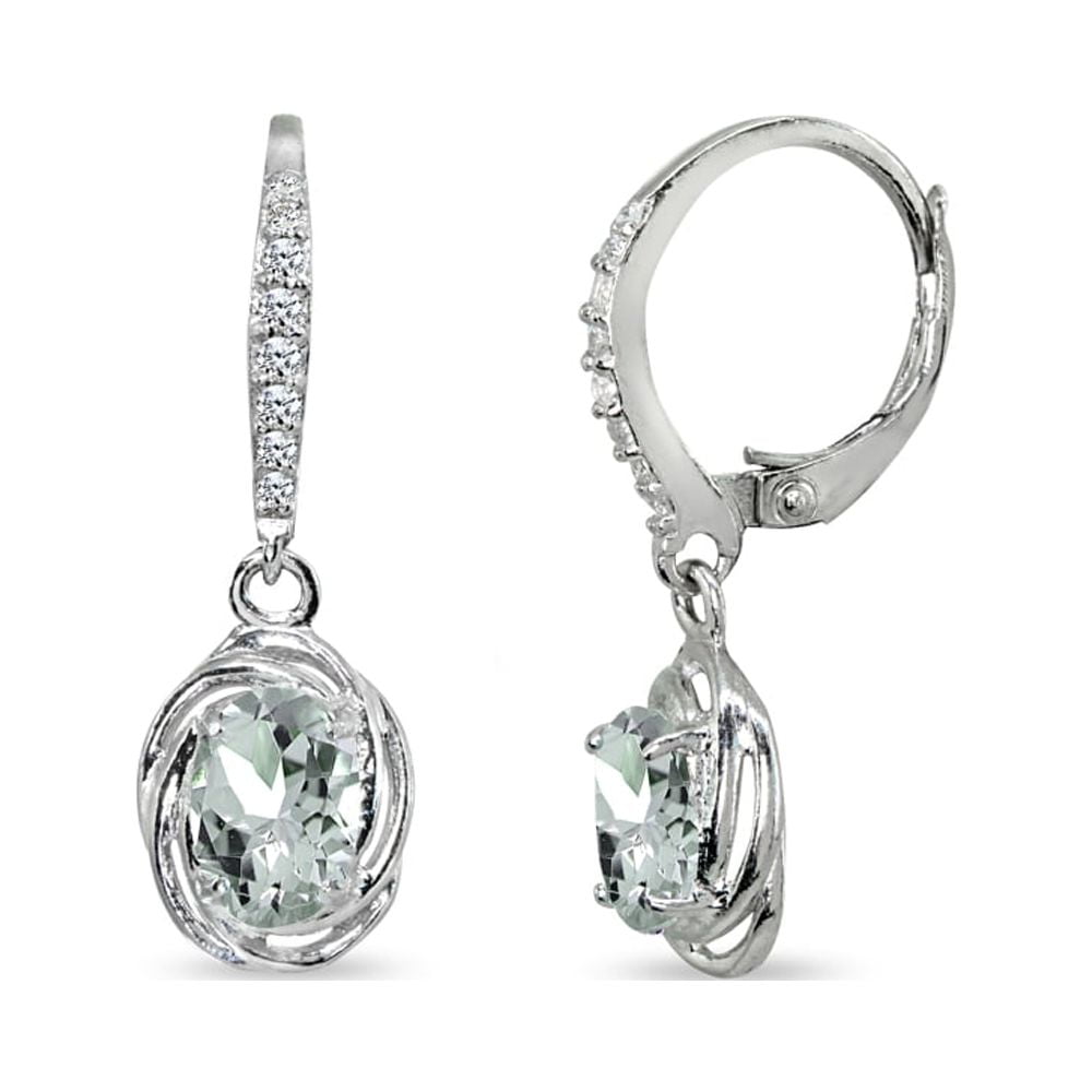 Light Aquamarine & CZ 7x5mm Oval Love Knot Sterling Silver Dangle Earrings