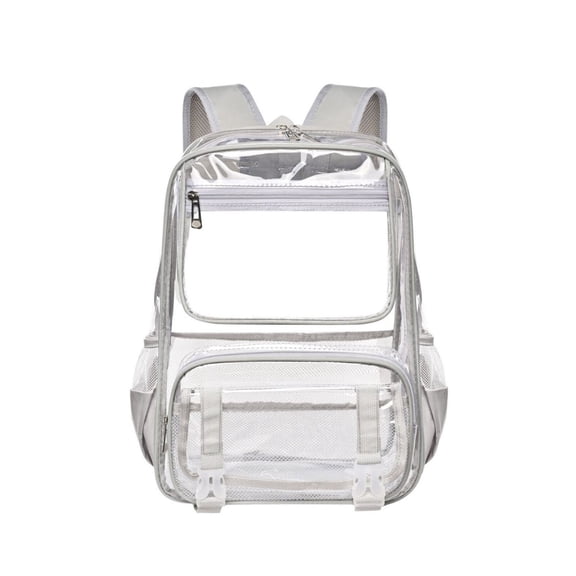 Light Ashy Clear Backpack Transparent Bookbag Front Pocket with Buckle Straps Side Mesh Water Bottle Pockets Adjustable Padded Shoulder Straps See Through Backpack for School Concert Sports Travel