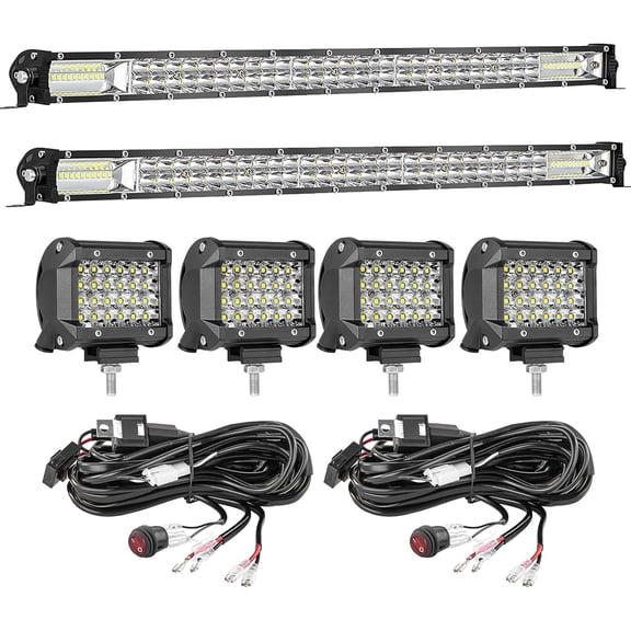 Light Bar Kit for , (2) 26inch Double Row Bar with Flood Spot Combo Beam, (4) 4inch Spot Light Pods, (2) Wiring Harness, 12V 24V Off Road Driving Lamps for ATV SUV RV Tractor