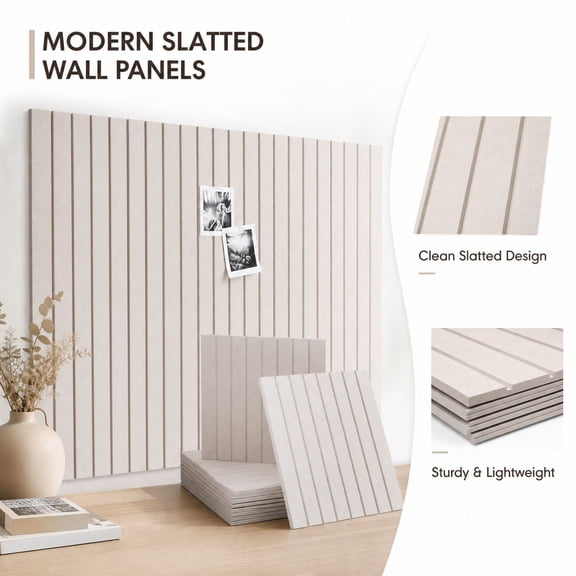 Light Beige 3D Wall Panels, Self-Adhesive Felt Wall Tiles, 11.8in Square Vertical Stripe Texture, Acoustic Home Decor for Living Room Bedroom