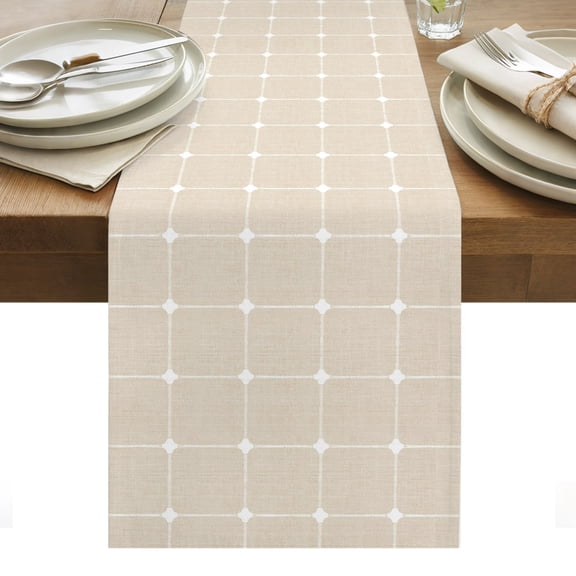 Light Beige Checkered Cotton Linen Table Runner Modern Minimalist Geometric Grid Lines Plaid Dining Table Runners for Home Decor Party Dining Room Restaurant Kitchen Party 13" x 90"