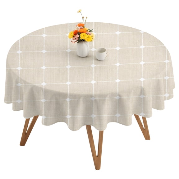 Light Beige Checkered Round Tablecloth 54 inches Modern Minimalist Geometric Grid Lines Plaid Waterproof Oil-Proof Table Cloth Round Table Cover for Holiday Party Picnic Dinner Decor Indoor Outdoor