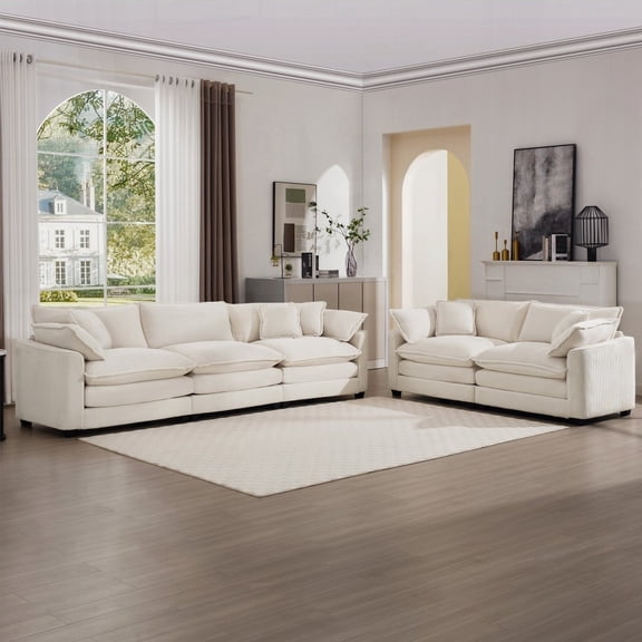 Modern Fabric 2-Seater and 3-Seater Sofas Set with Large Deep Seat, Light Beige Corduroy, 220×80×75cm