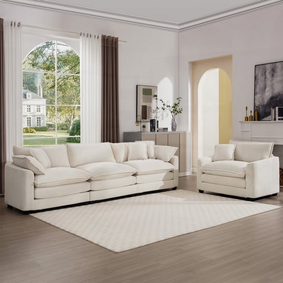 Light Beige Corduroy Mid-Century Sofa Ensemble - 1 3-Seater & 1 Single Accent Chair