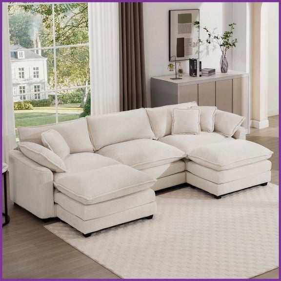Light Beige Corduroy Modular Sectional Sofa with Ottomans - U-Shaped Convertible Couch for Living Room, Modern Retro Style & Cloud-Like Comfort