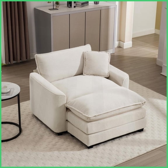 Light Beige Corduroy Single Accent Chair with Ottoman & Pillow - Modern Classic for Living Room Bedroom