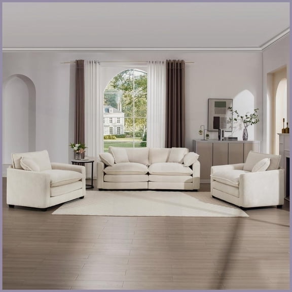 Light Beige Corduroy Sofa Set 1 2-Seater + 2 Singles, Modern Retro Style for Living Room & Home Theater, Plush Comfort