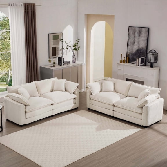 Modern Fabric 2-Seater Sofa Set with 8 Cushions, Light Beige Corduroy, 85×80×75cm for Living Room