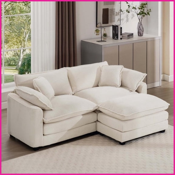 Light Beige Corduroy Two-Seater L-Shaped Sofa with Ottoman  Modern Retro Style for Small Living Spaces